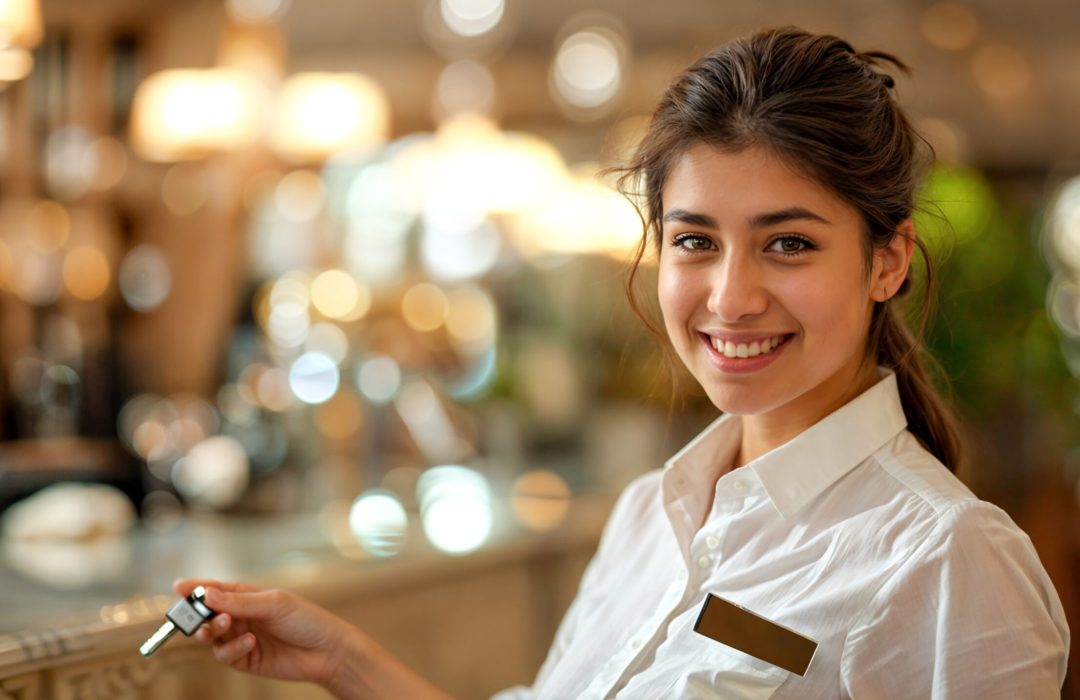 A young woman at the hotel reception desk smiles while holding a key. In the background, modern lamps and a cozy hotel atmosphere can be seen.